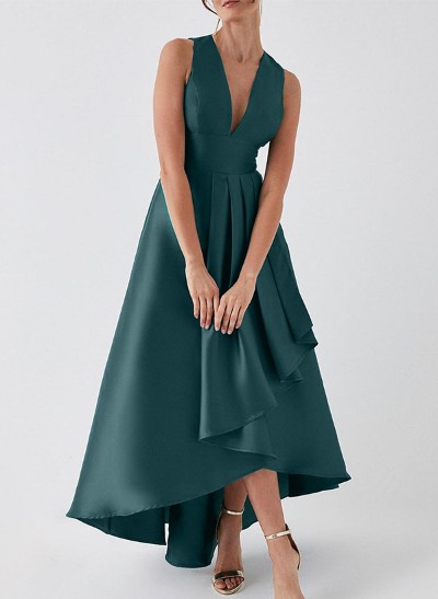 A-Line V-Neck Sleeveless Asymmetrical Satin Evening Dresses With Ruffle