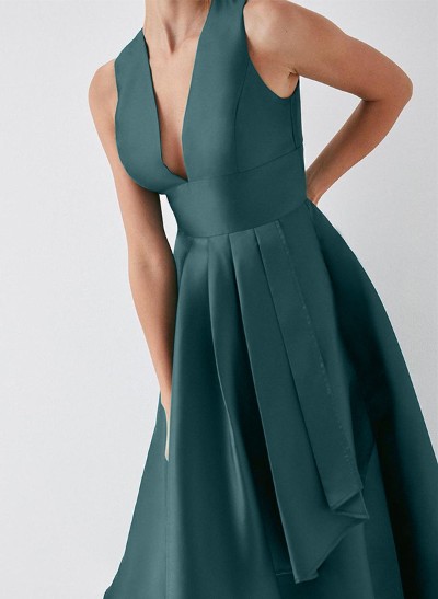 A-Line V-Neck Sleeveless Asymmetrical Satin Evening Dresses With Ruffle