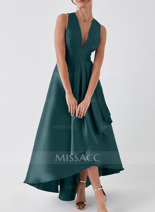 A-Line V-Neck Sleeveless Asymmetrical Satin Evening Dresses With Ruffle