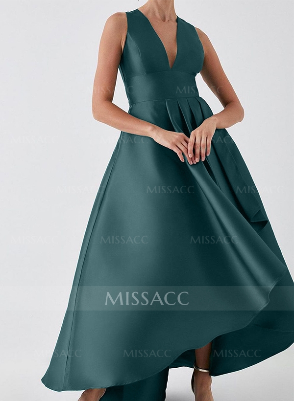 A-Line V-Neck Sleeveless Asymmetrical Satin Evening Dresses With Ruffle