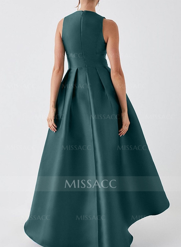 A-Line V-Neck Sleeveless Asymmetrical Satin Evening Dresses With Ruffle