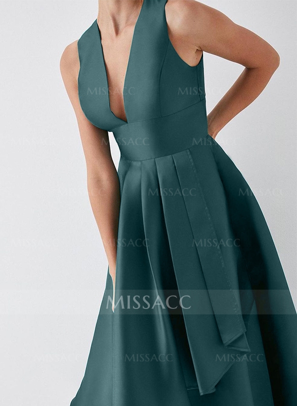 A-Line V-Neck Sleeveless Asymmetrical Satin Evening Dresses With Ruffle