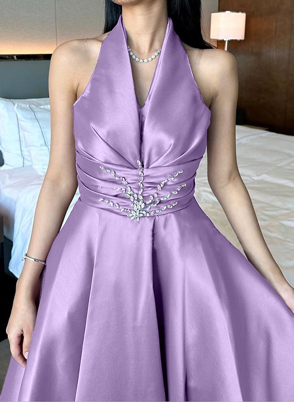 A-Line Halter Sleeveless Satin Evening Dresses With Rhinestone