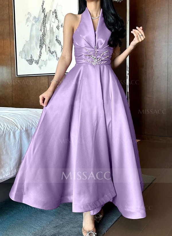 A-Line Halter Sleeveless Satin Evening Dresses With Rhinestone