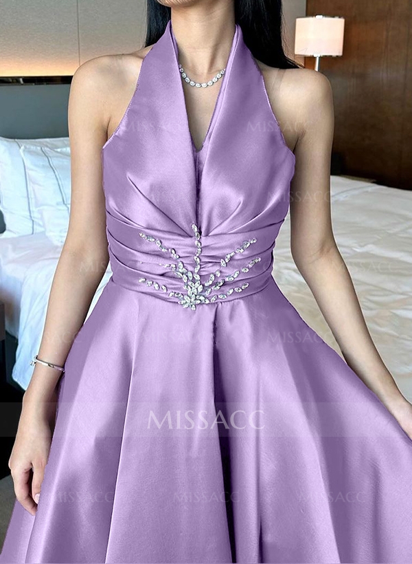 A-Line Halter Sleeveless Satin Evening Dresses With Rhinestone