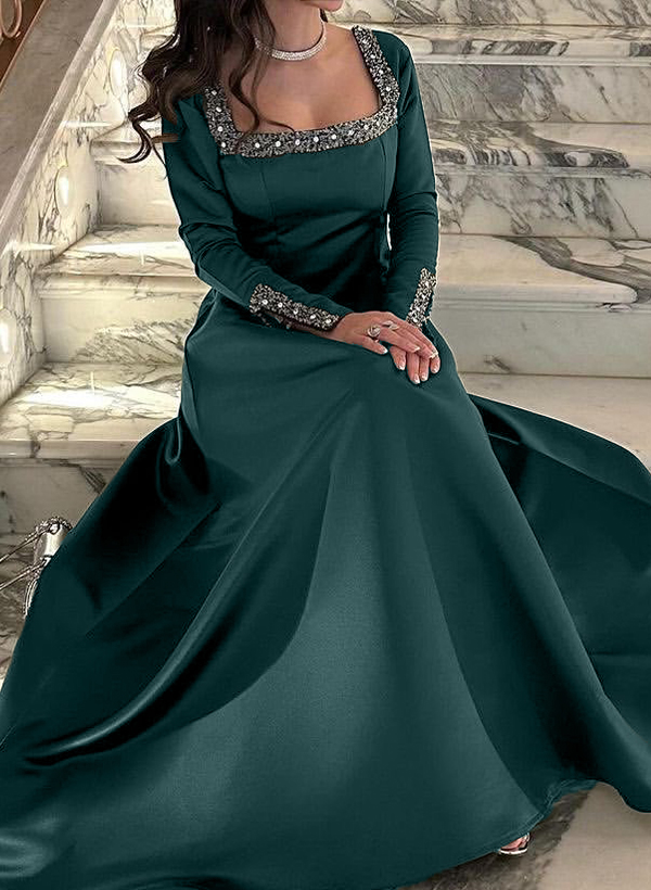 A-Line Square Neckline Long Sleeves Satin Evening Dresses