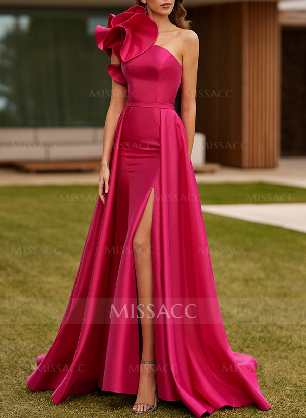 A-Line One-Shoulder Sleeveless Sweep Train Satin Evening Dresses With Flower(s)