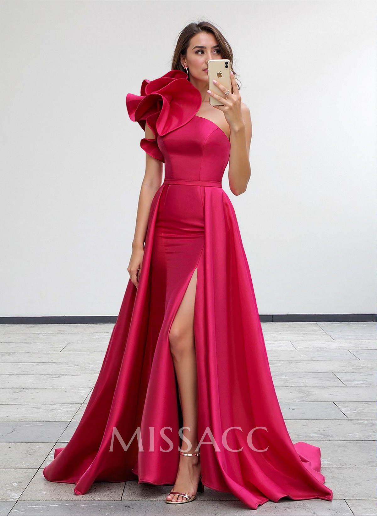 One-Shoulder Sleeveless Sweep Train Satin Evening Dresses With Flower(s)