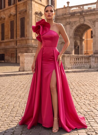 One-Shoulder Sleeveless Sweep Train Satin Evening Dresses With Flower(s)