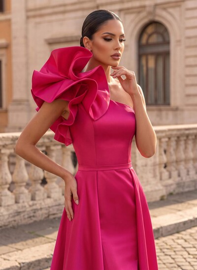 One-Shoulder Sleeveless Sweep Train Satin Evening Dresses With Flower(s)