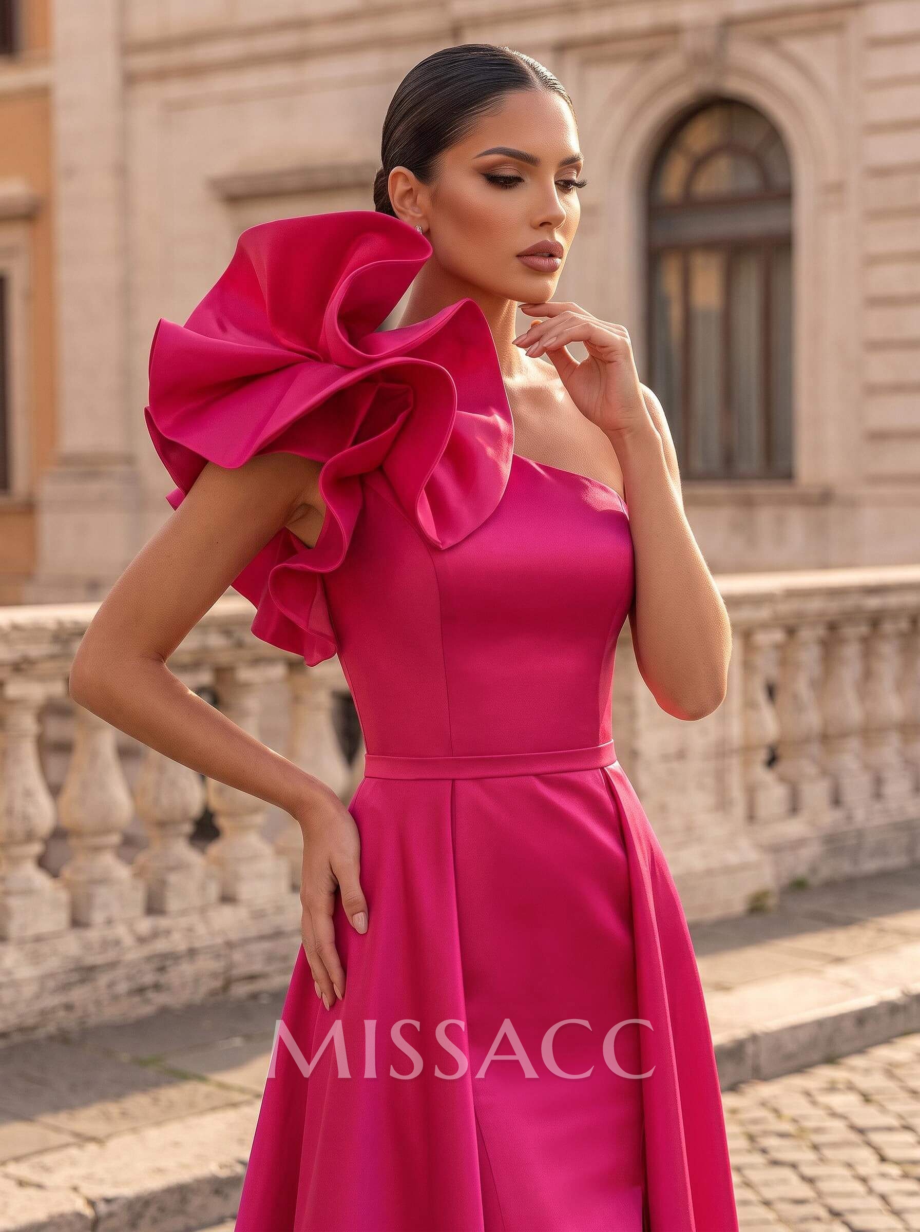 One-Shoulder Sleeveless Sweep Train Satin Evening Dresses With Flower(s)