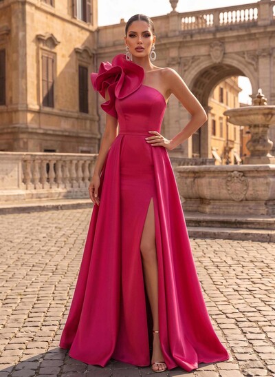 One-Shoulder Sleeveless Sweep Train Satin Evening Dresses With Flower(s)