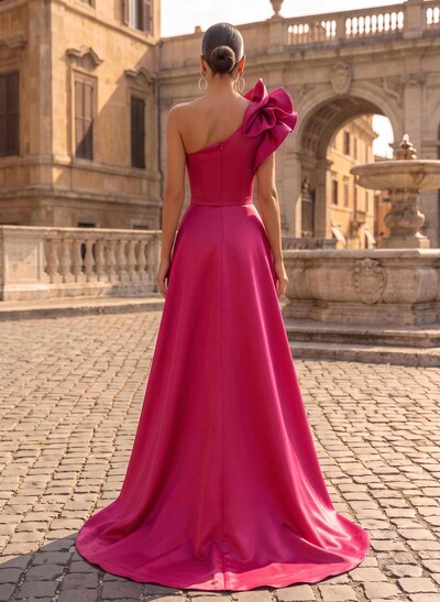 One-Shoulder Sleeveless Sweep Train Satin Evening Dresses With Flower(s)
