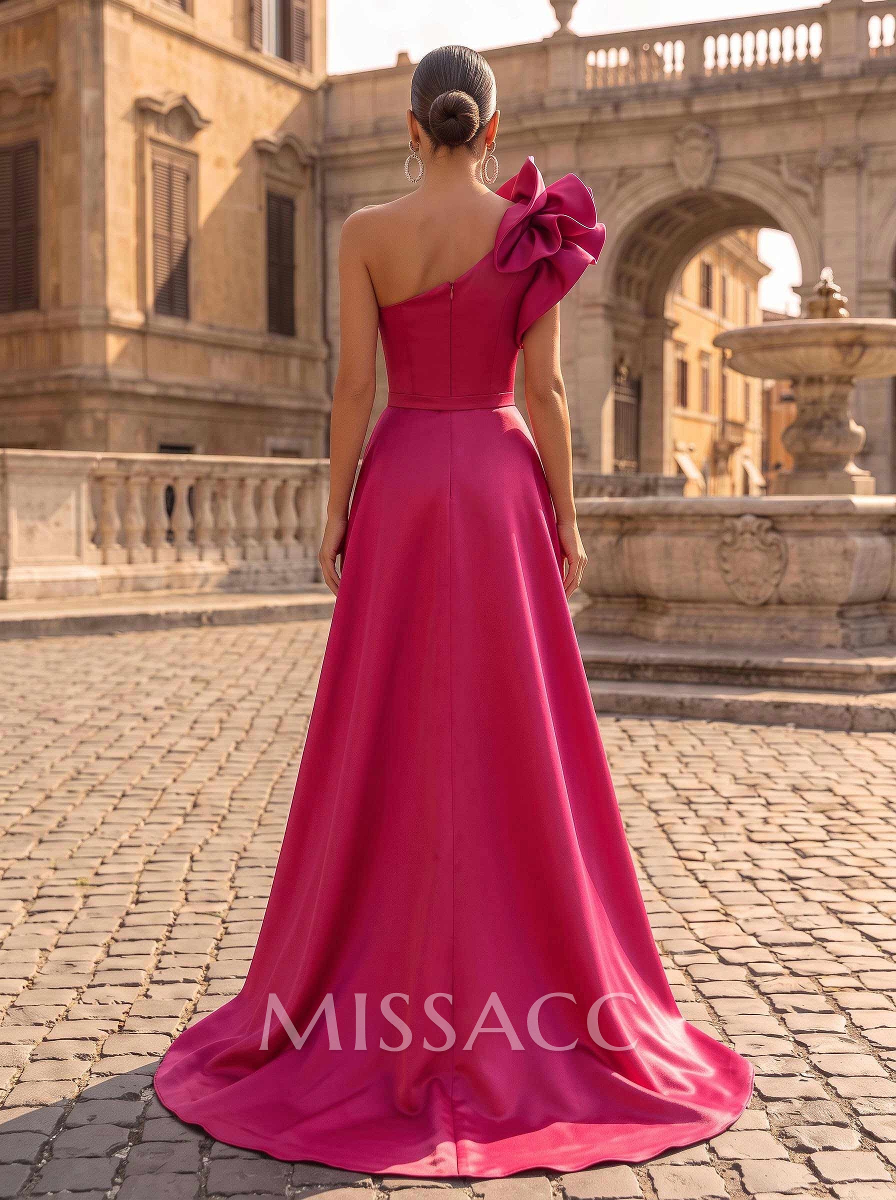 One-Shoulder Sleeveless Sweep Train Satin Evening Dresses With Flower(s)