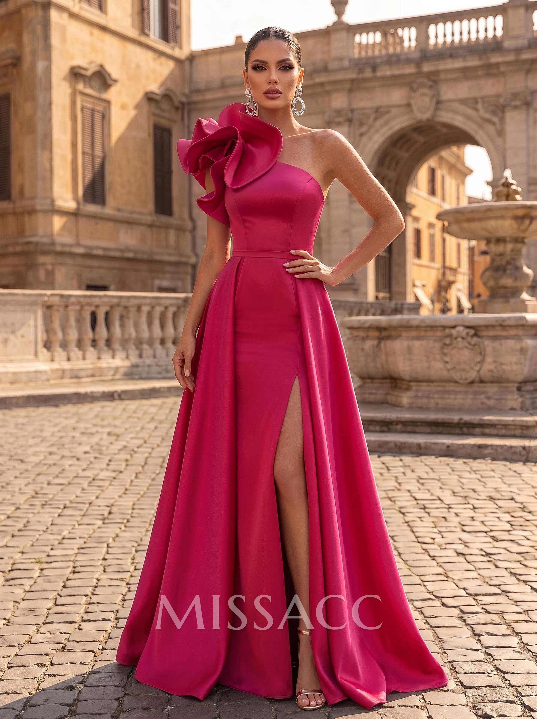 One-Shoulder Sleeveless Sweep Train Satin Evening Dresses With Flower(s)