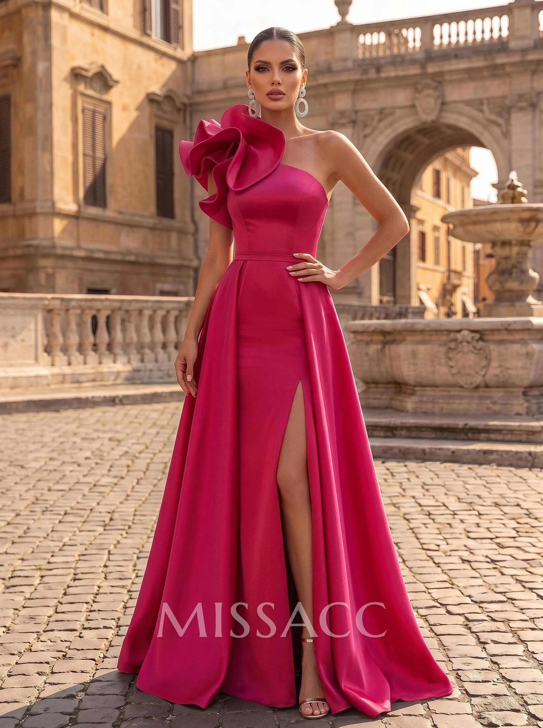 one shoulder formal dresses australia One-Shoulder Sleeveless Sweep Train Satin Evening With Flower(s) Fuchsia wedding guest dress