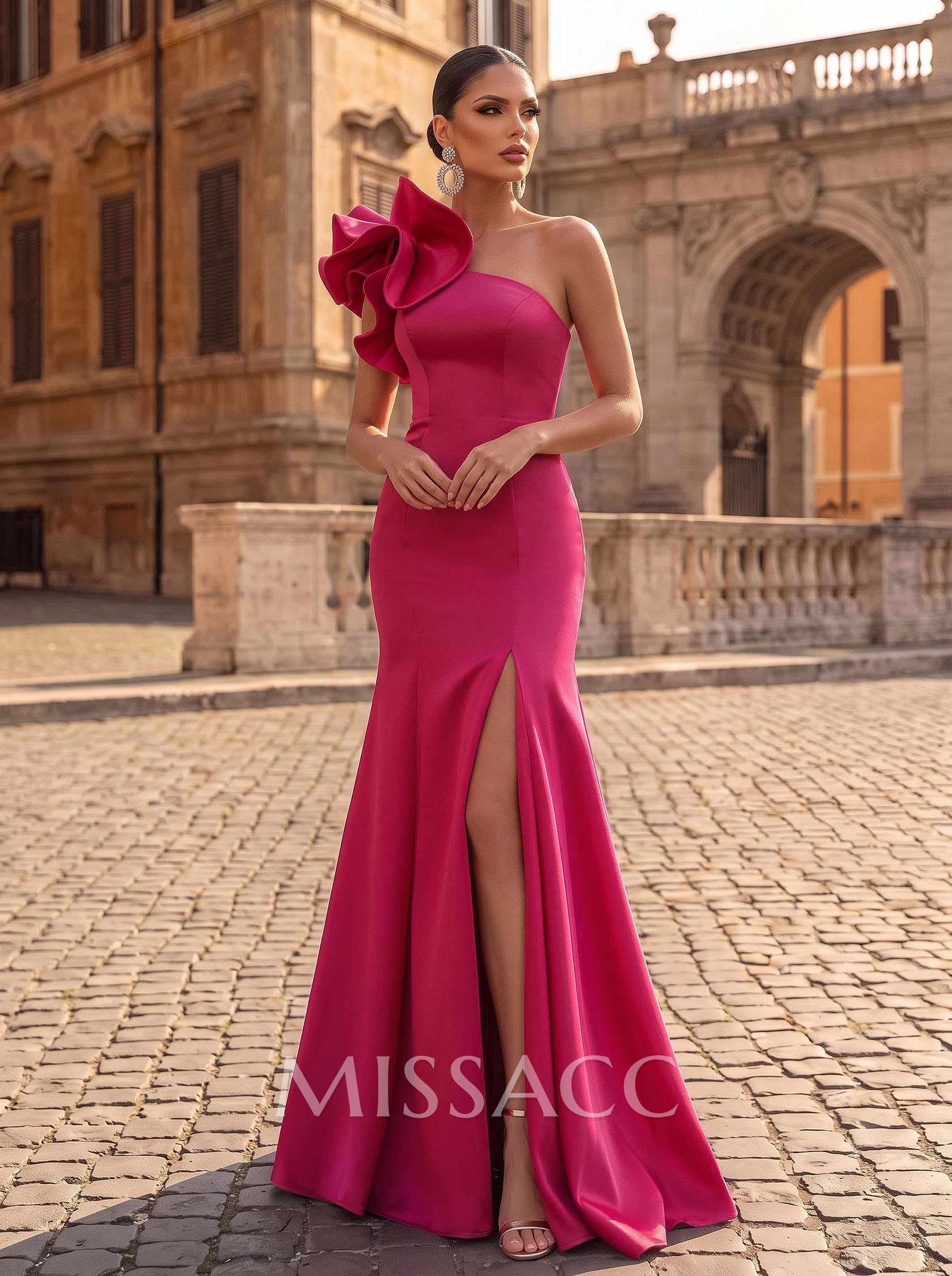 One-Shoulder Sleeveless Sweep Train Satin Evening Dresses With Flower(s)