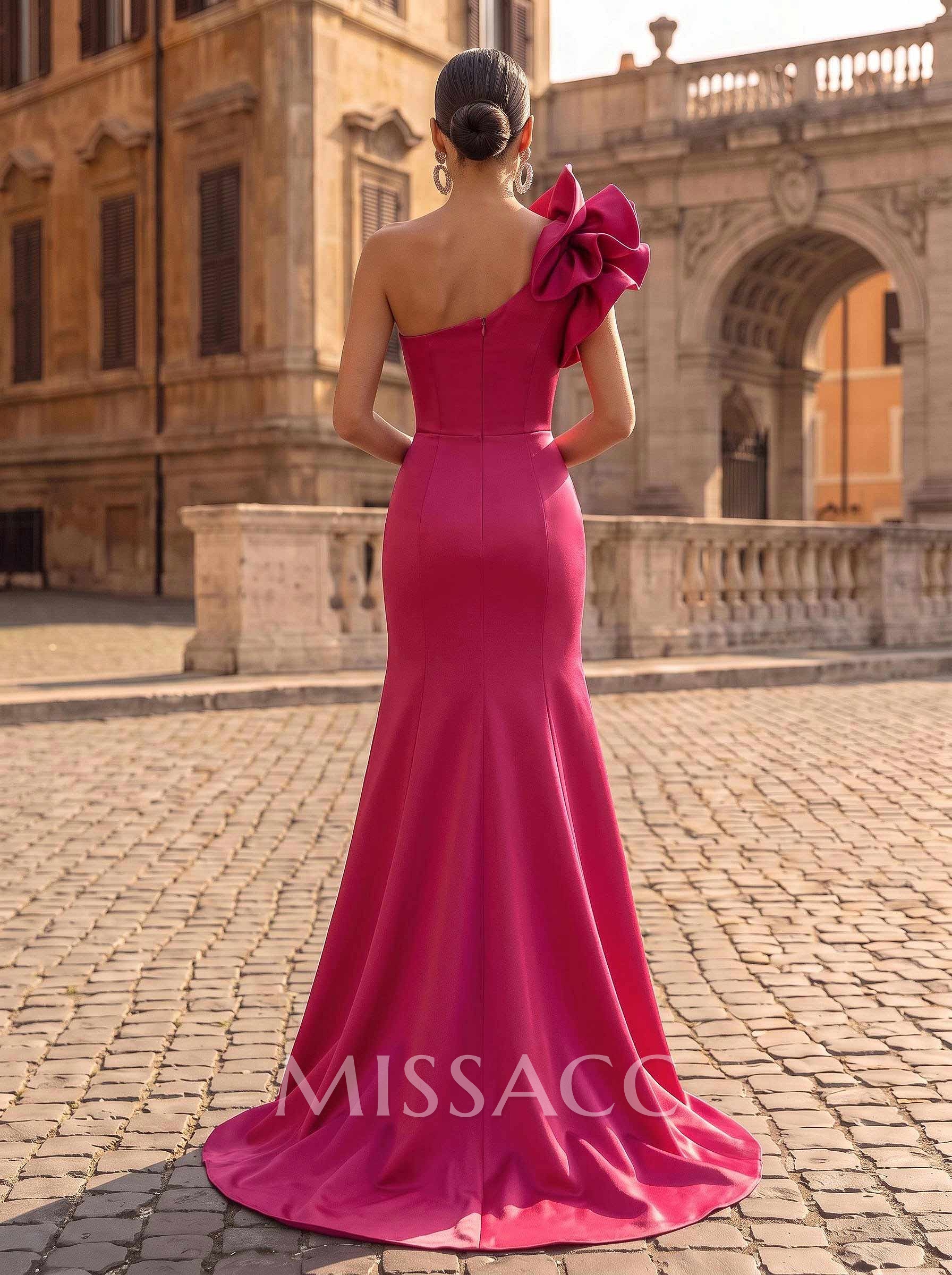 One-Shoulder Sleeveless Sweep Train Satin Evening Dresses With Flower(s)
