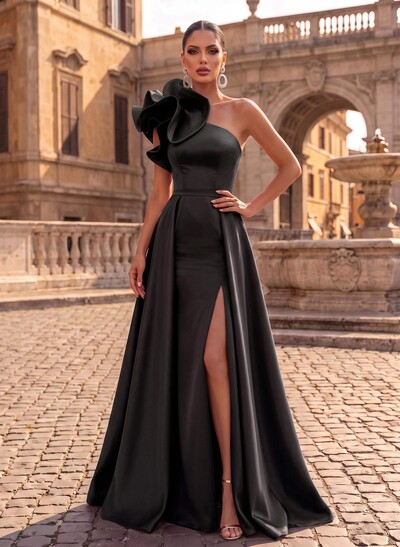 One-Shoulder Sleeveless Sweep Train Satin Evening Dresses With Flower(s)