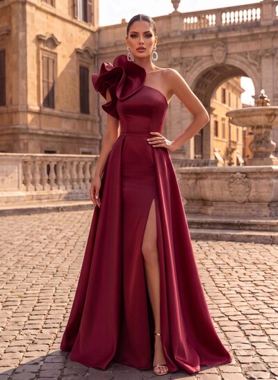 One-Shoulder Sleeveless Sweep Train Satin Evening Dresses With Flower(s)