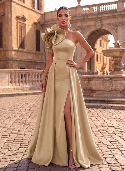 One-Shoulder Sleeveless Sweep Train Satin Evening Dresses With Flower(s)