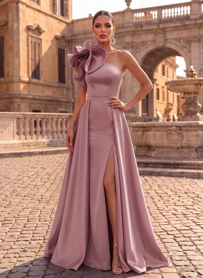 One-Shoulder Sleeveless Sweep Train Satin Evening Dresses With Flower(s)