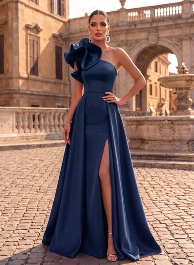 One-Shoulder Sleeveless Sweep Train Satin Evening Dresses With Flower(s)