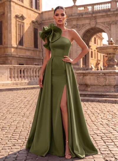 One-Shoulder Sleeveless Sweep Train Satin Evening Dresses With Flower(s)