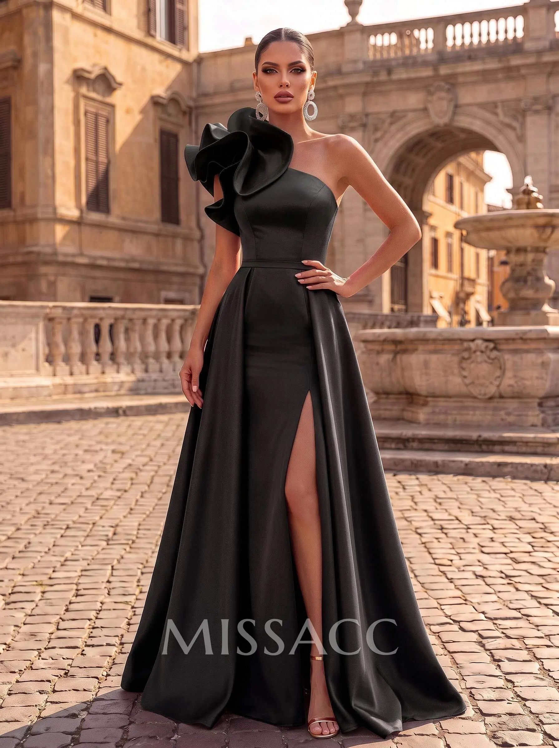 One-Shoulder Sleeveless Sweep Train Satin Evening Dresses With