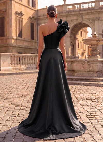 One-Shoulder Sleeveless Sweep Train Satin Evening Dresses With Flower(s)
