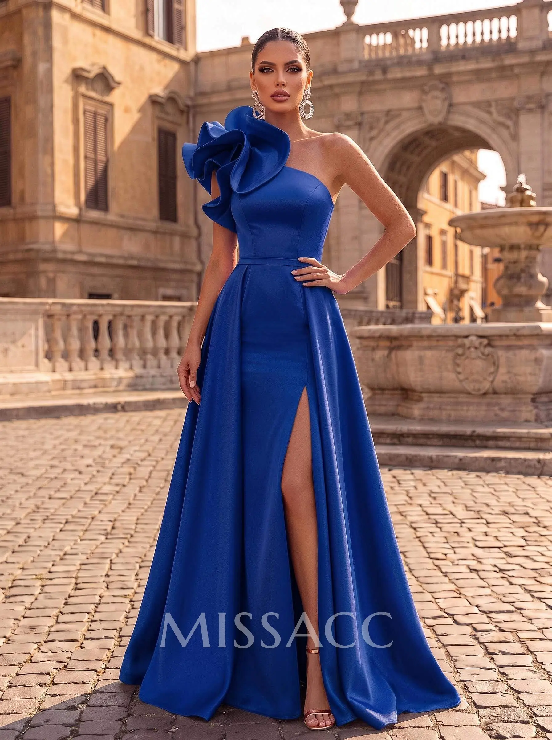 One-Shoulder Sleeveless Sweep Train Satin Evening Dresses With