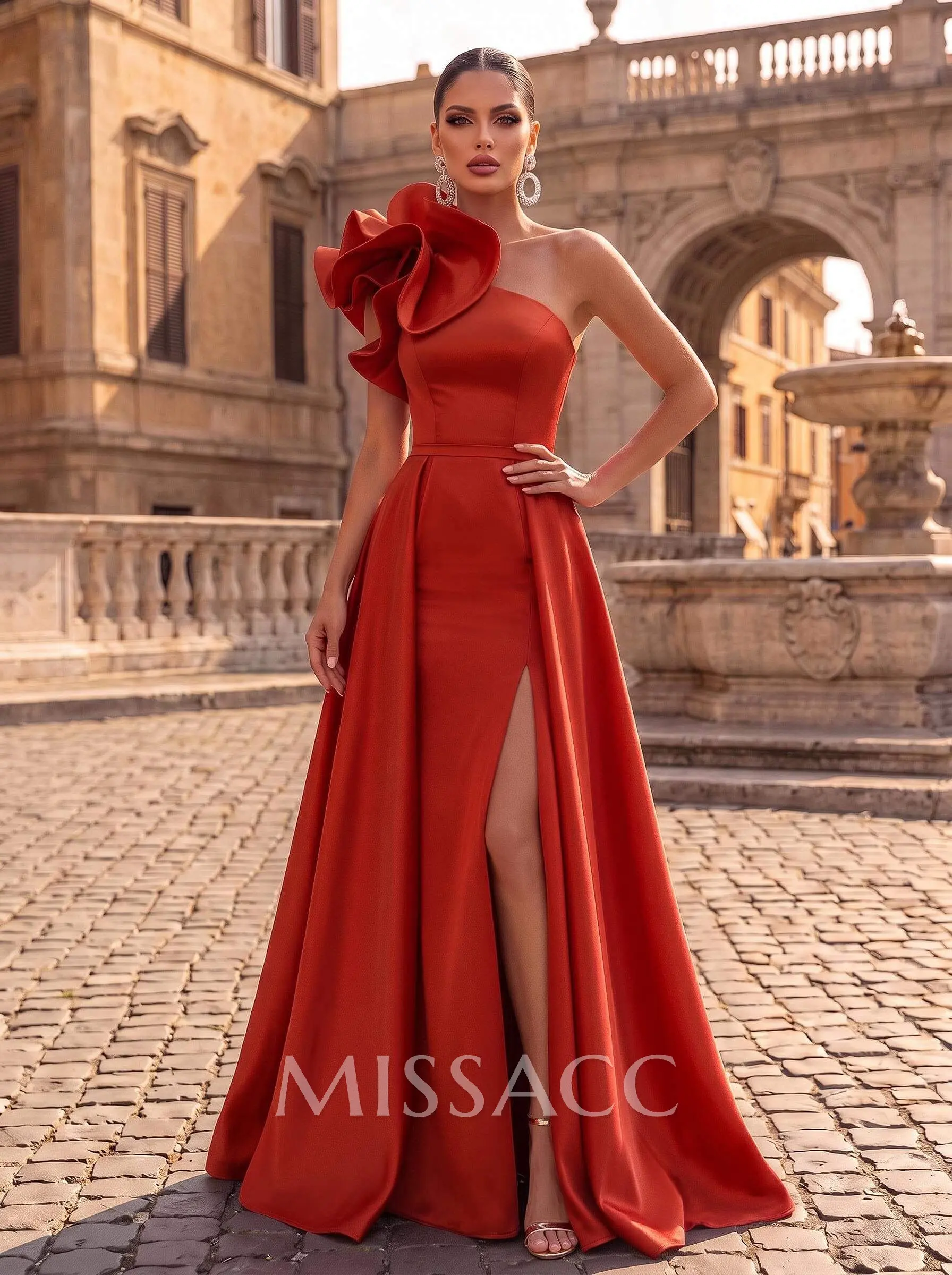 One-Shoulder Sleeveless Sweep Train Satin Evening Dresses With