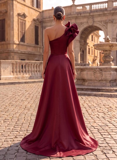 One-Shoulder Sleeveless Sweep Train Satin Evening Dresses With Flower(s)
