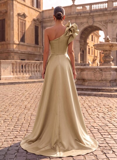 One-Shoulder Sleeveless Sweep Train Satin Evening Dresses With Flower(s)