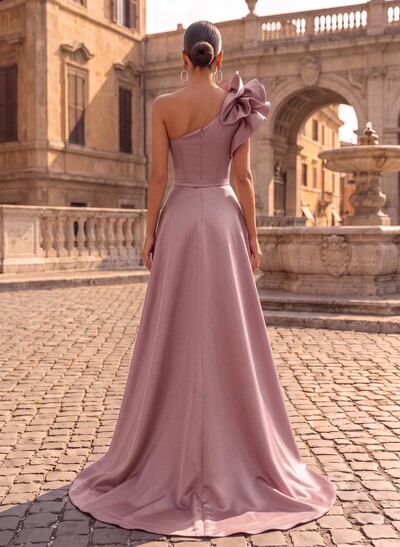 One-Shoulder Sleeveless Sweep Train Satin Evening Dresses With Flower(s)