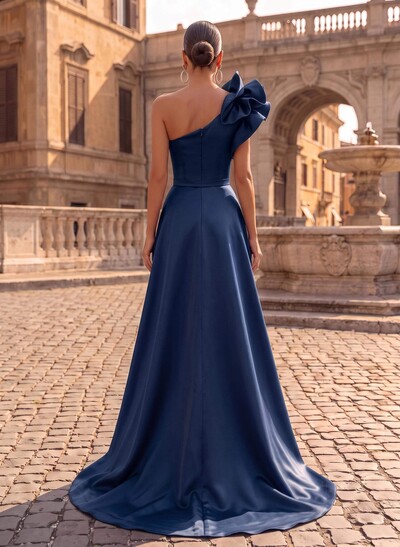 One-Shoulder Sleeveless Sweep Train Satin Evening Dresses With Flower(s)