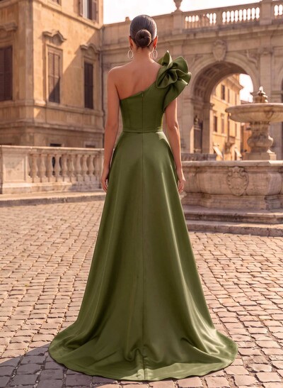 One-Shoulder Sleeveless Sweep Train Satin Evening Dresses With Flower(s)