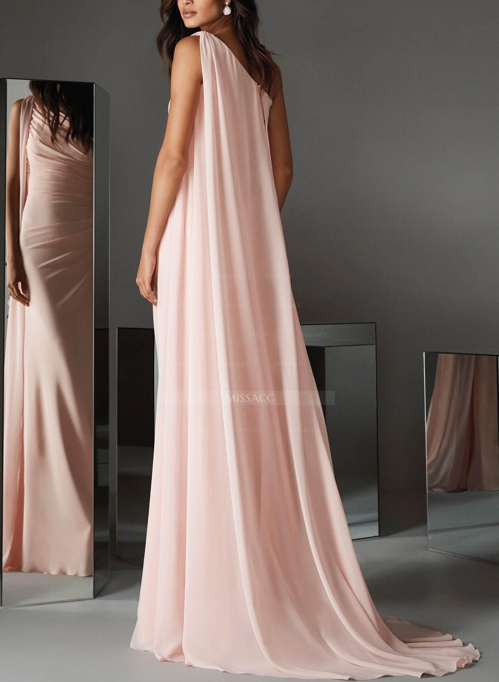 One-Shoulder Chiffon Cape Evening Dresses With Sheath/Column