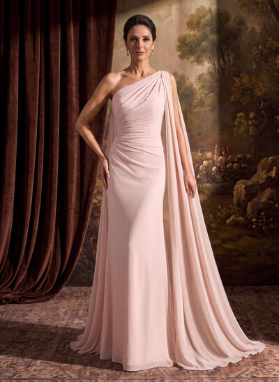 One-Shoulder Chiffon Cape Evening Dresses With Sheath/Column