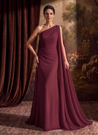 One-Shoulder Chiffon Cape Evening Dresses With Sheath/Column