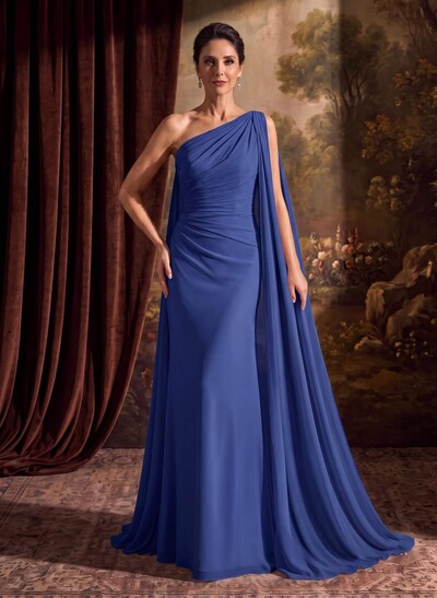 One-Shoulder Chiffon Cape Evening Dresses With Sheath/Column