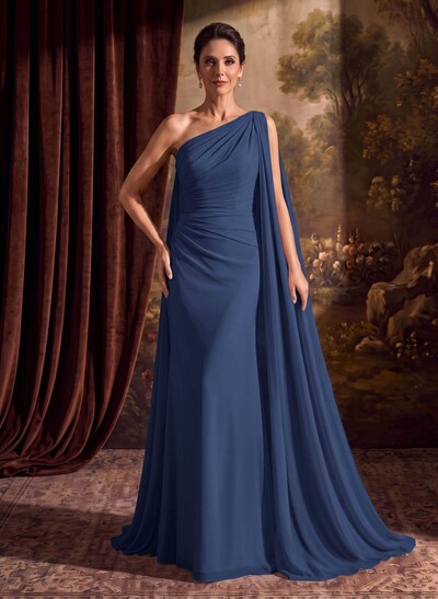 One-Shoulder Chiffon Cape Evening Dresses With Sheath/Column