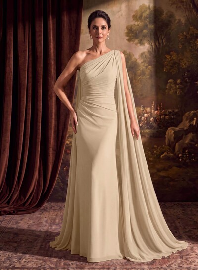 One-Shoulder Chiffon Cape Evening Dresses With Sheath/Column