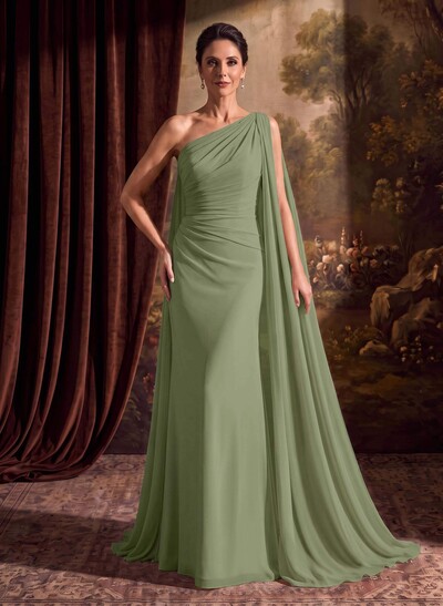 One-Shoulder Chiffon Cape Evening Dresses With Sheath/Column
