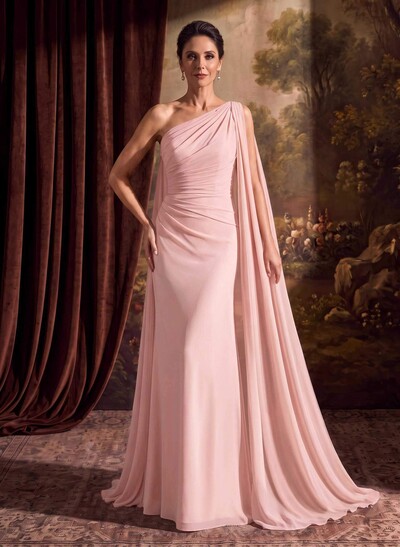One-Shoulder Chiffon Cape Evening Dresses With Sheath/Column