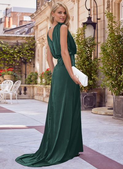 V-Neck Sleeveless Floor-Length Charmeuse Evening Dresses