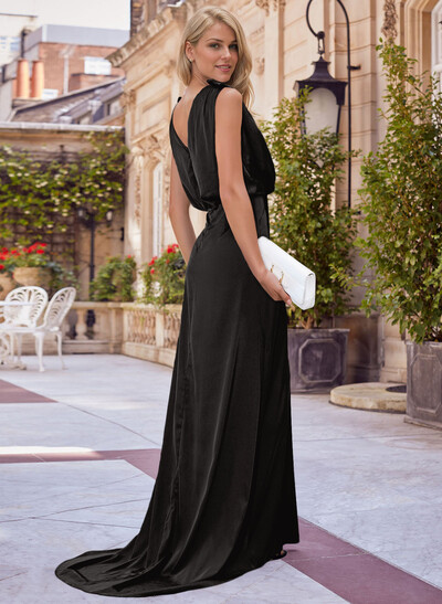 V-Neck Sleeveless Sweep Train Charmeuse Evening Dresses