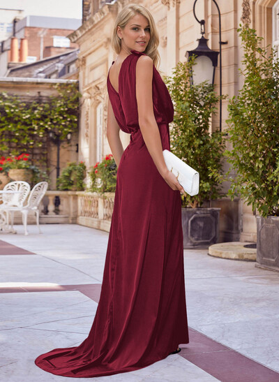 V-Neck Sleeveless Sweep Train Charmeuse Evening Dresses