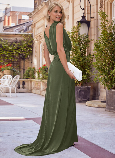 V-Neck Sleeveless Sweep Train Charmeuse Evening Dresses