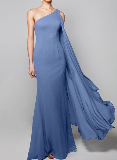 Sheath/Column One-Shoulder Chiffon Evening Dresses With Sweeping Side Drape